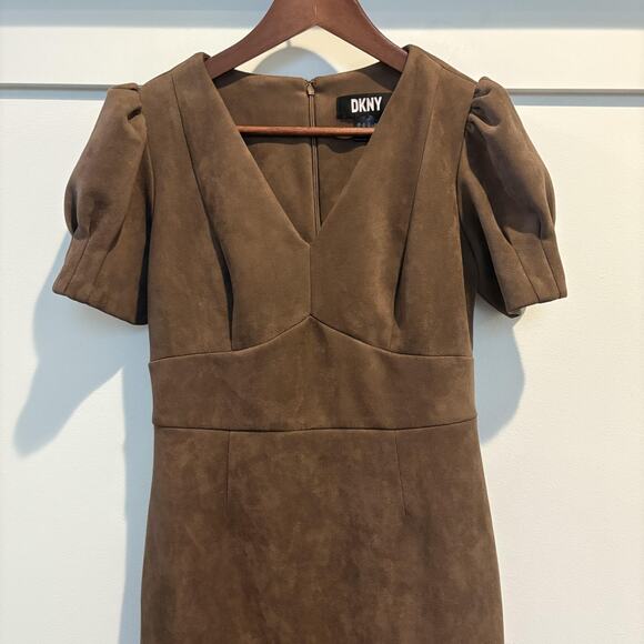 DKNY Dress Womens 6 Brown Faux Suede Puff Sleeve‎ V Neck Fitted Mini Cocktail - Picture 3 of 12